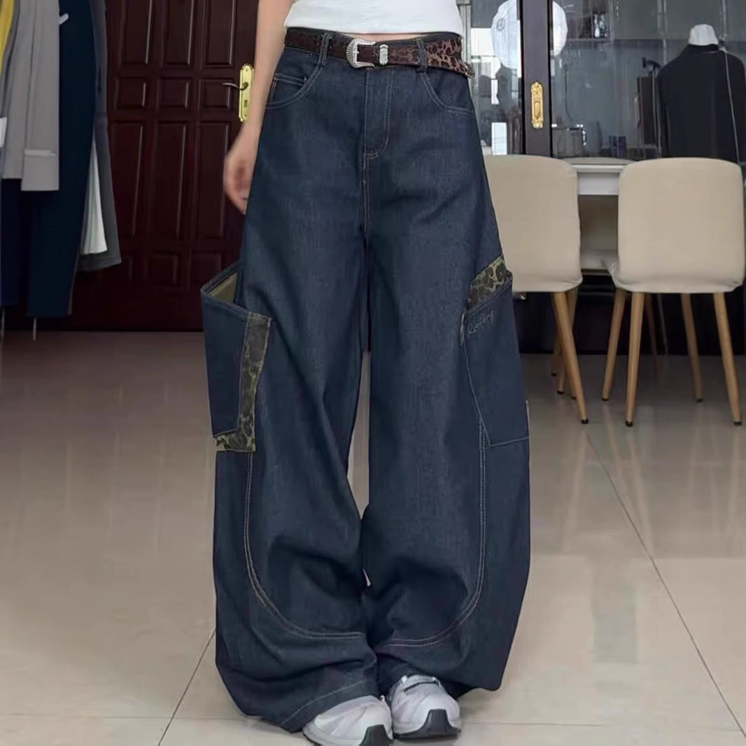 Retro Leopard Print Patchwork Curved Jeans