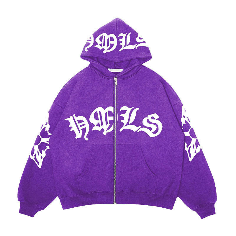 Gothic Letter Printed Oversized Zipper Hoodie