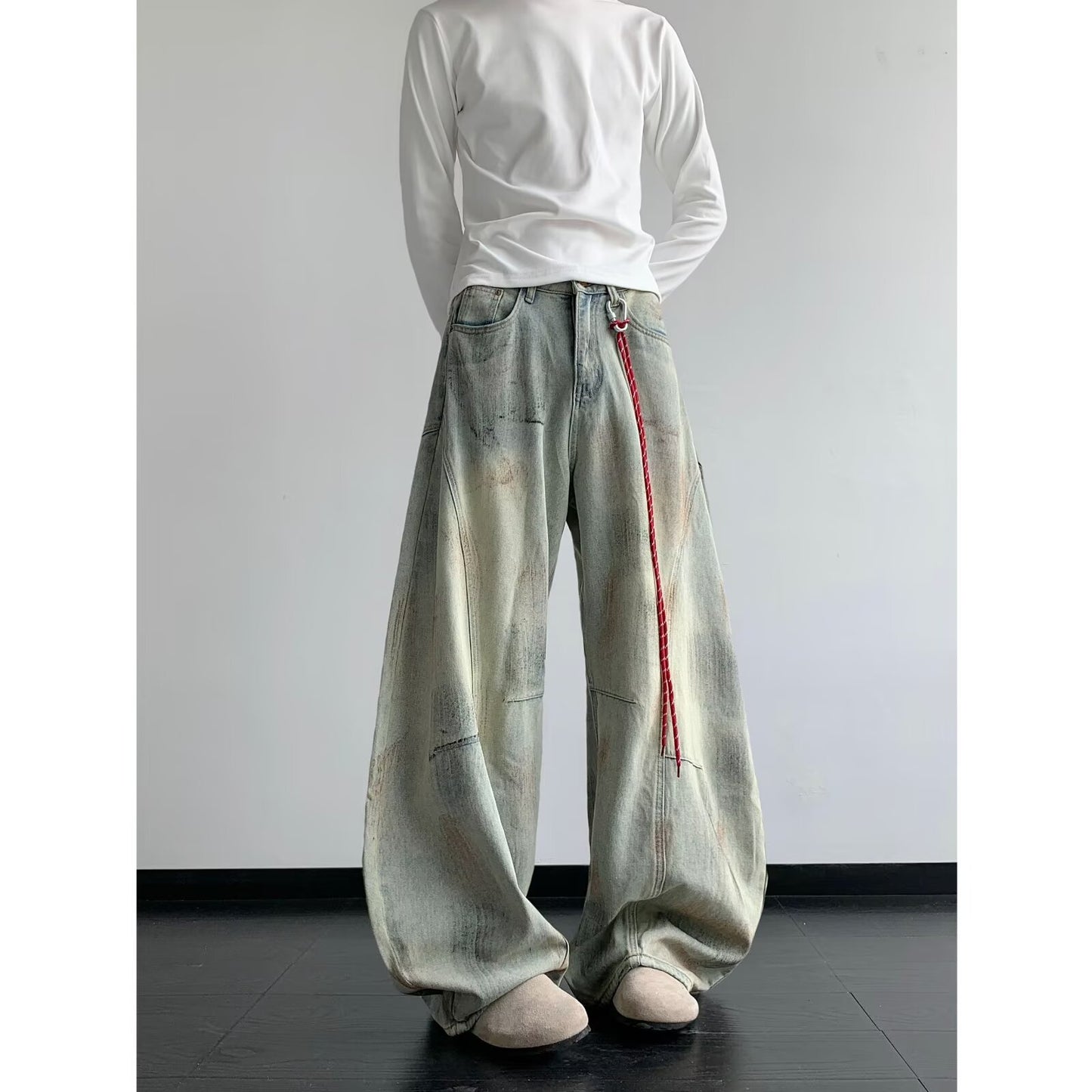 Deconstructed Curved Knife Denim Wide Leg Pants