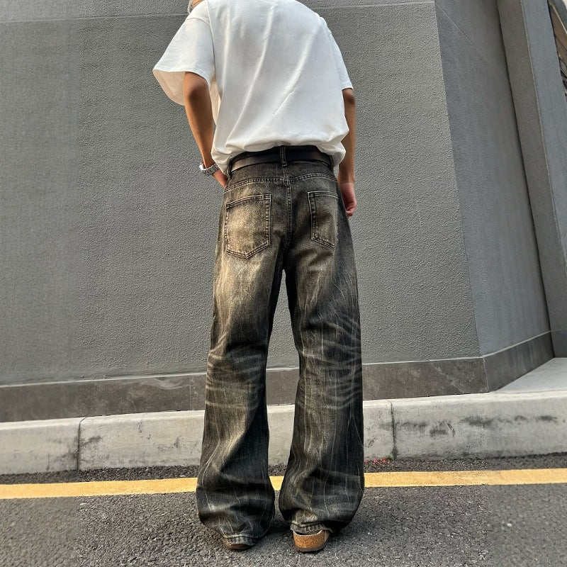Harajuku-Style Washed Retro Distressed Wide Leg Denim Pants