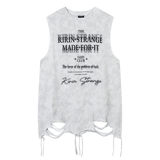 Streetwear Star-Printed Hem Distressed Sleeveless T-Shirt