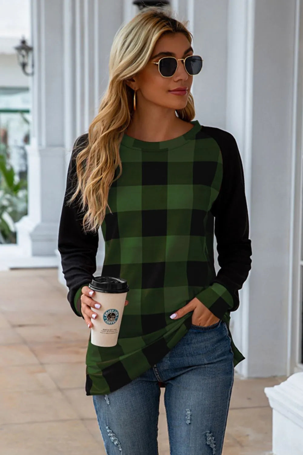 Harajuku Plaid Round Neck Long Sleeve T-Shirt