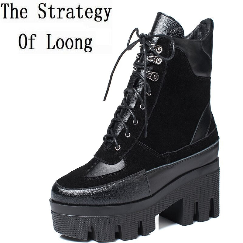 Chunky Platform Cow Leather Ankle Boots for Women