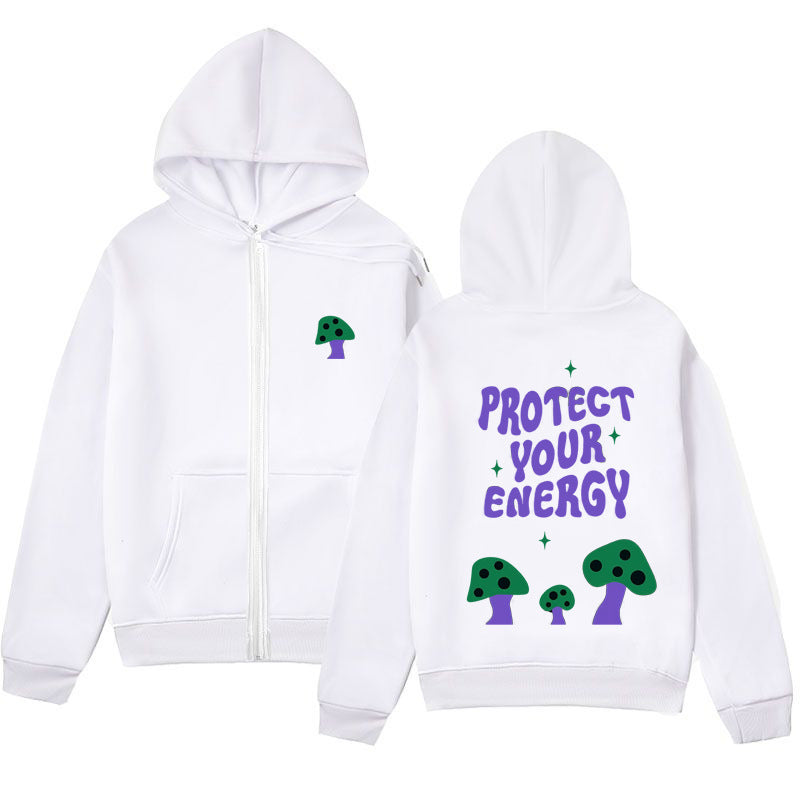 "Protect Your Energy" Letter Mushroom Print Zipper Hoodie