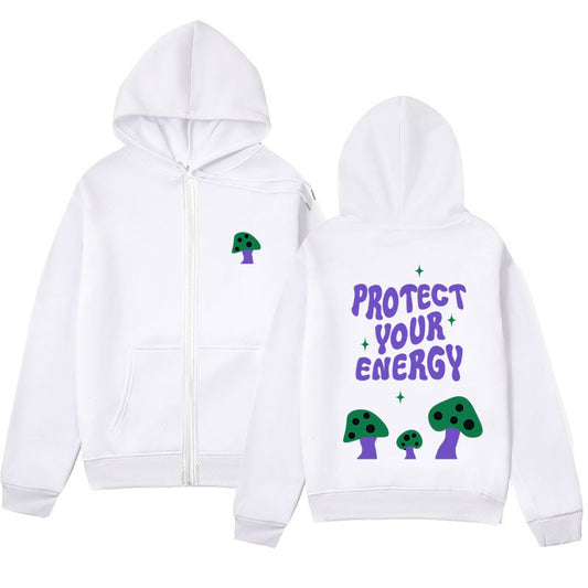 "Protect Your Energy" Letter Mushroom Print Zipper Hoodie