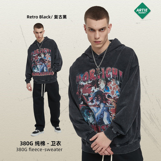 Retro Thin Hoodie with Distressed Wash and Snowflake Design