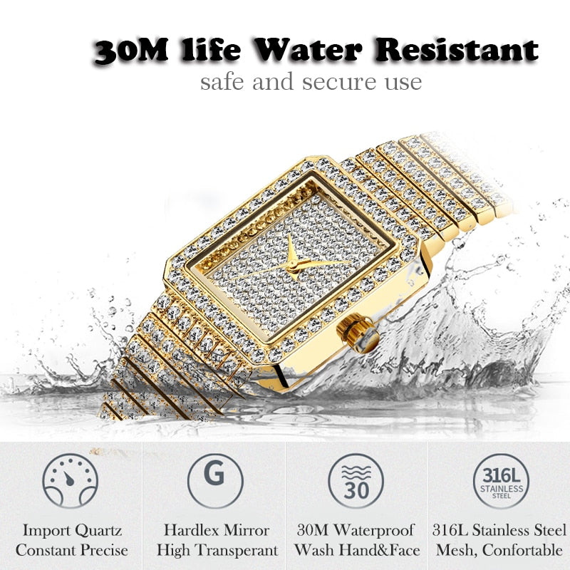 Luxury Gold Square Diamond Watch for Women