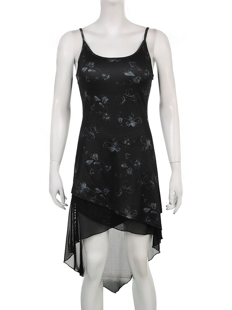 Gothic Floral Mesh Mini Dress - Harajuku Style