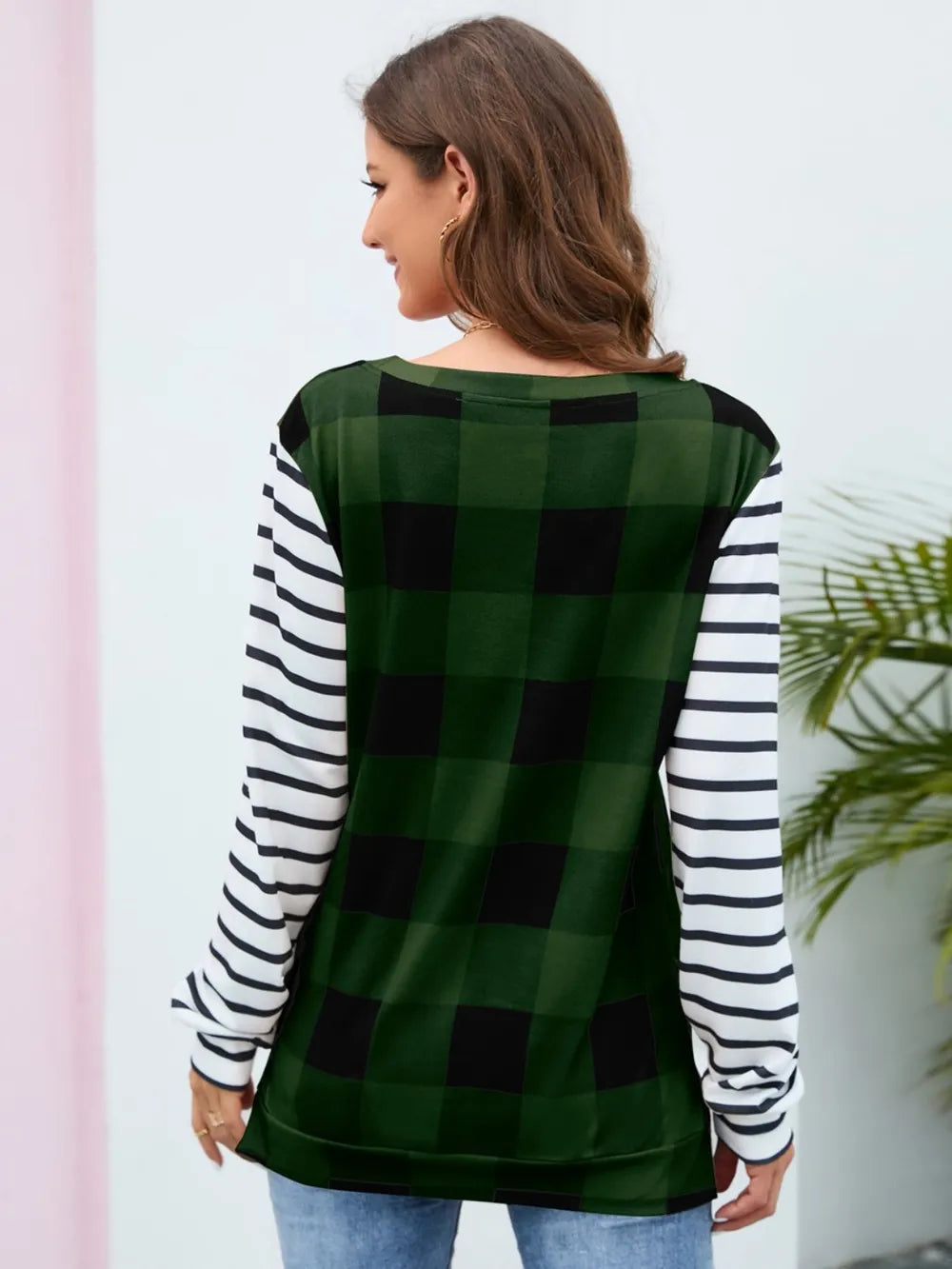 Harajuku Style Plaid Striped Round Neck Long Sleeve T-Shirt