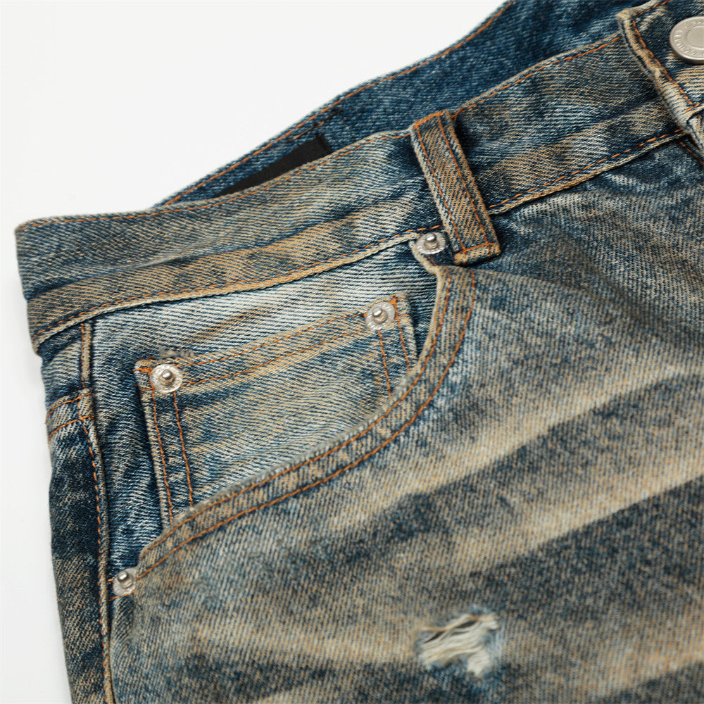 Post-Apocalyptic Heavy-Duty Distressed Denim Pants for Men
