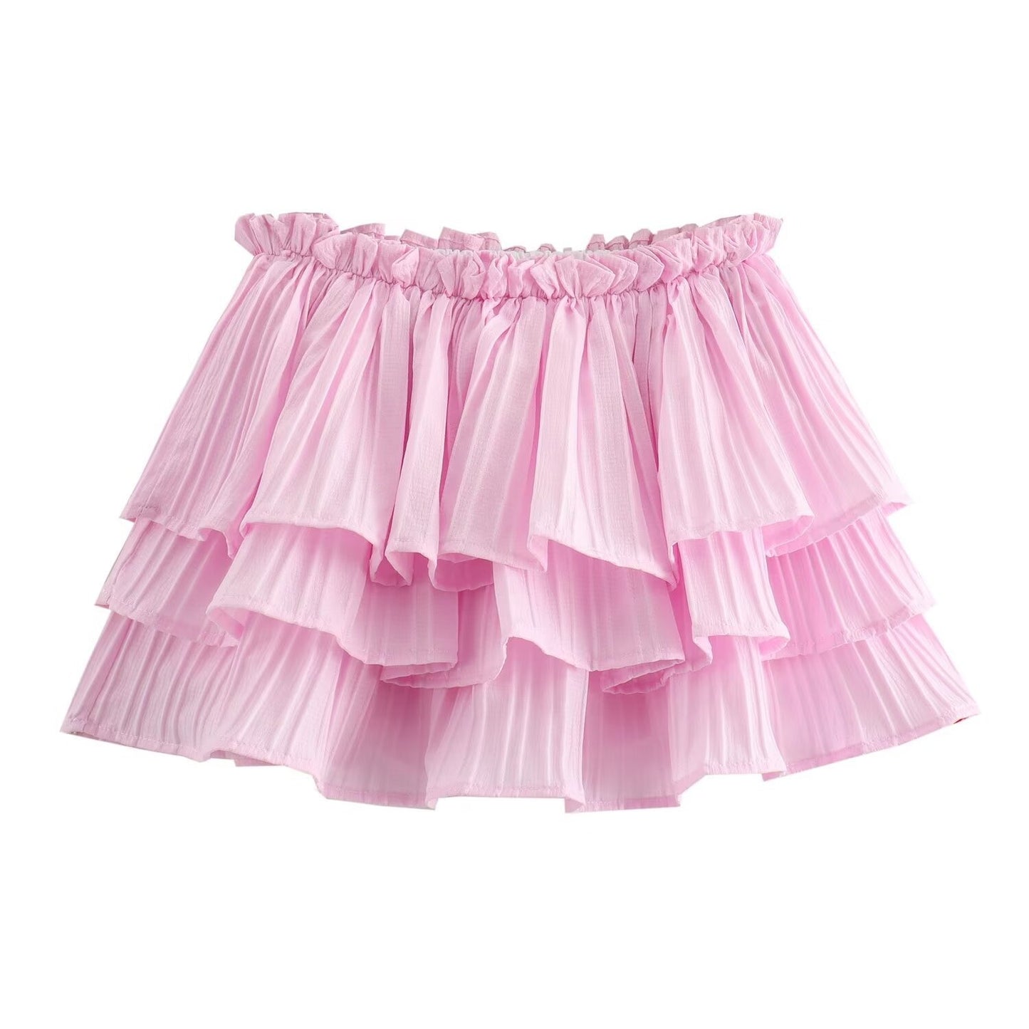 Sweet and Fresh Pink Layered Half Skirt with Elastic Waist for Women