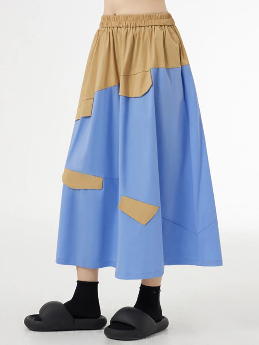 High Elastic Waist Khaki Color-block A-line Skirt for Women