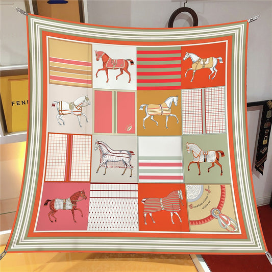 Colored Checkered Horse Silk Square Scarf - Versatile Shawl