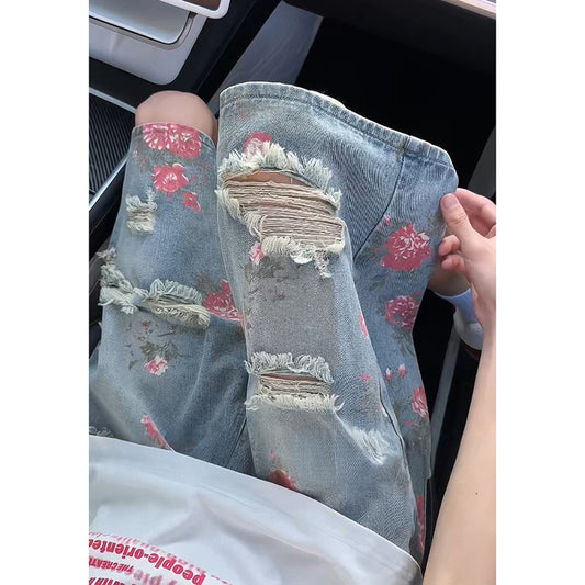 Men's Floral Print Ripped Denim Shorts