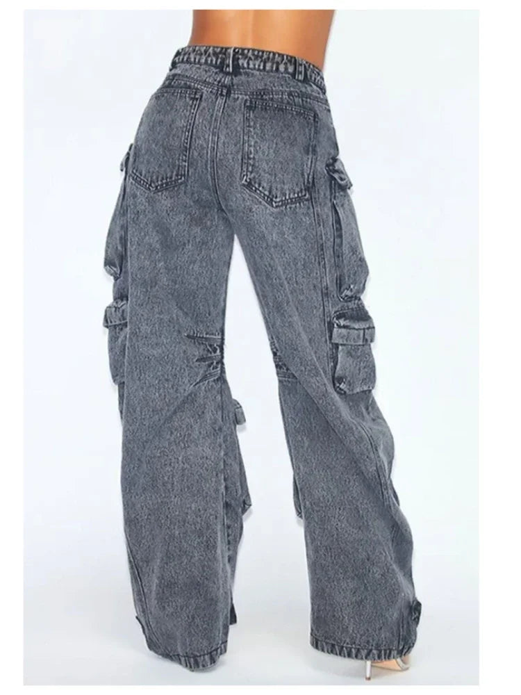 Harajuku Style Multi-Pocket Wide-Leg Jeans for Women
