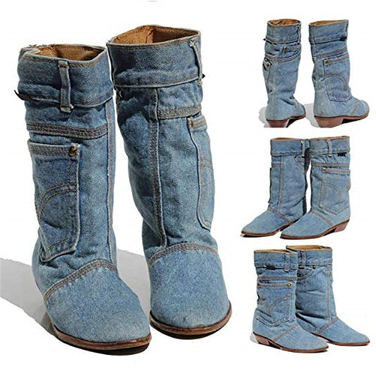 Playful Low Heel Denim Cowboy Boots for Women