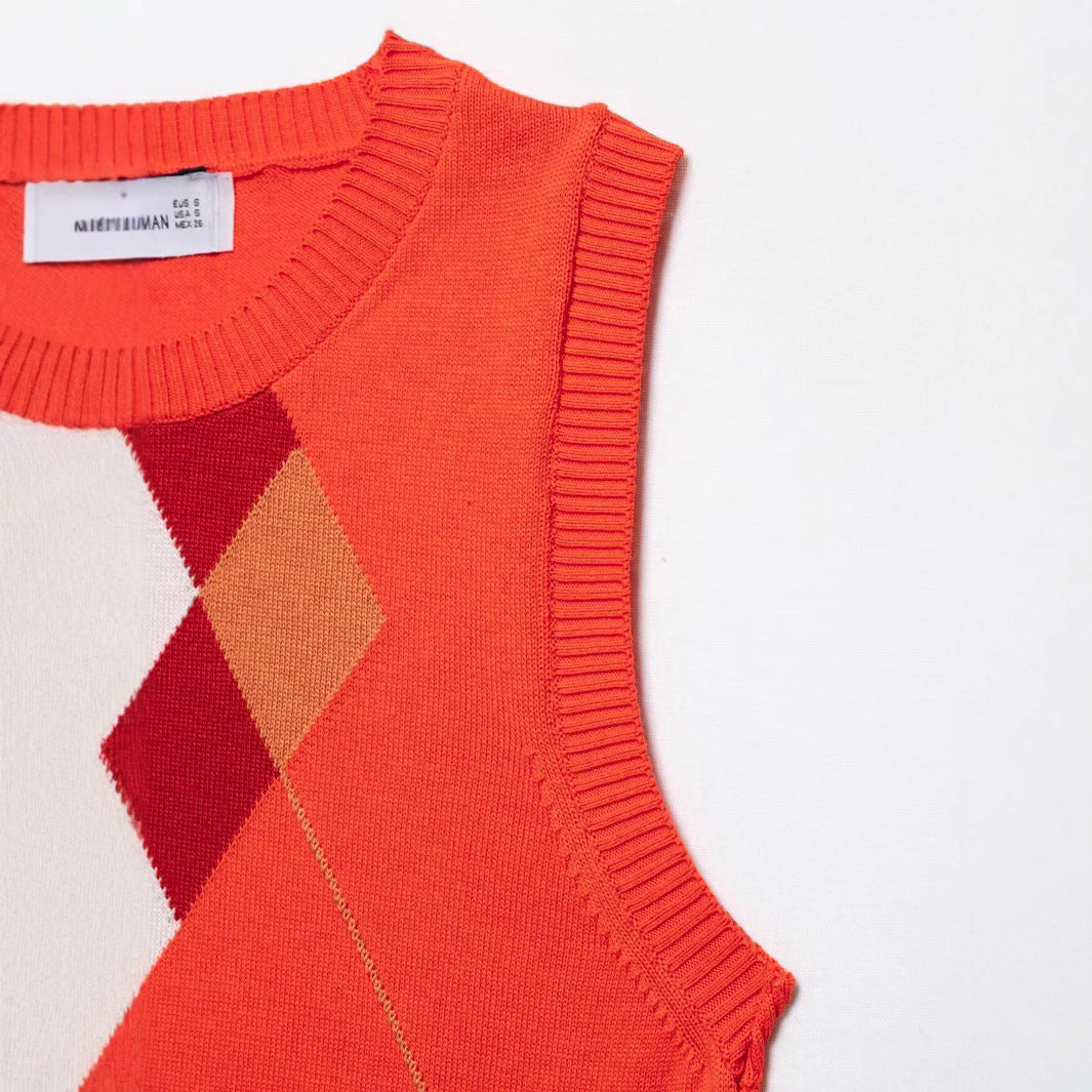Coral Plaid Sleeveless Knitted Sweater Vest for Women