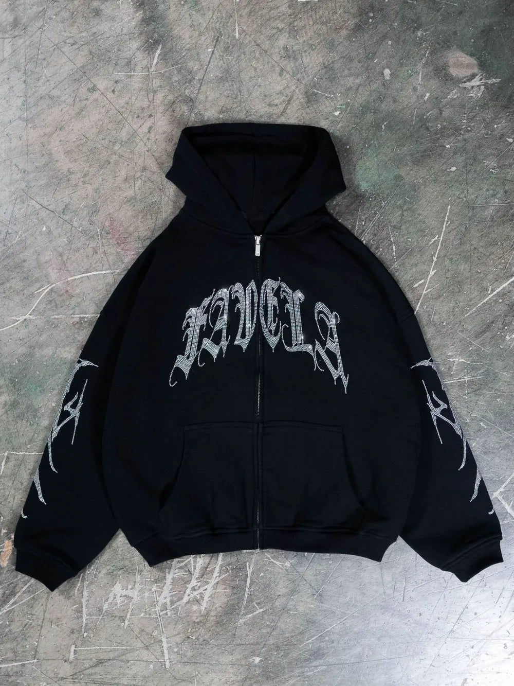 Men's Rhinestone Letter Zip Up Long Sleeve Hoodie