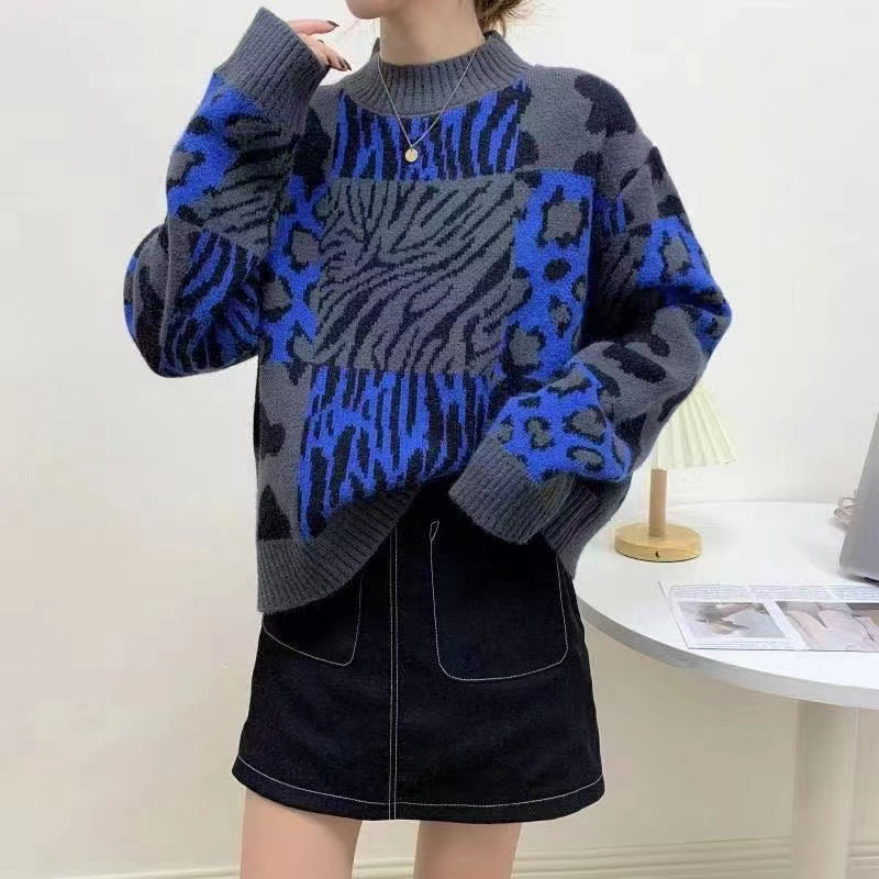 Vintage Leopard Print Knit Sweater for Women