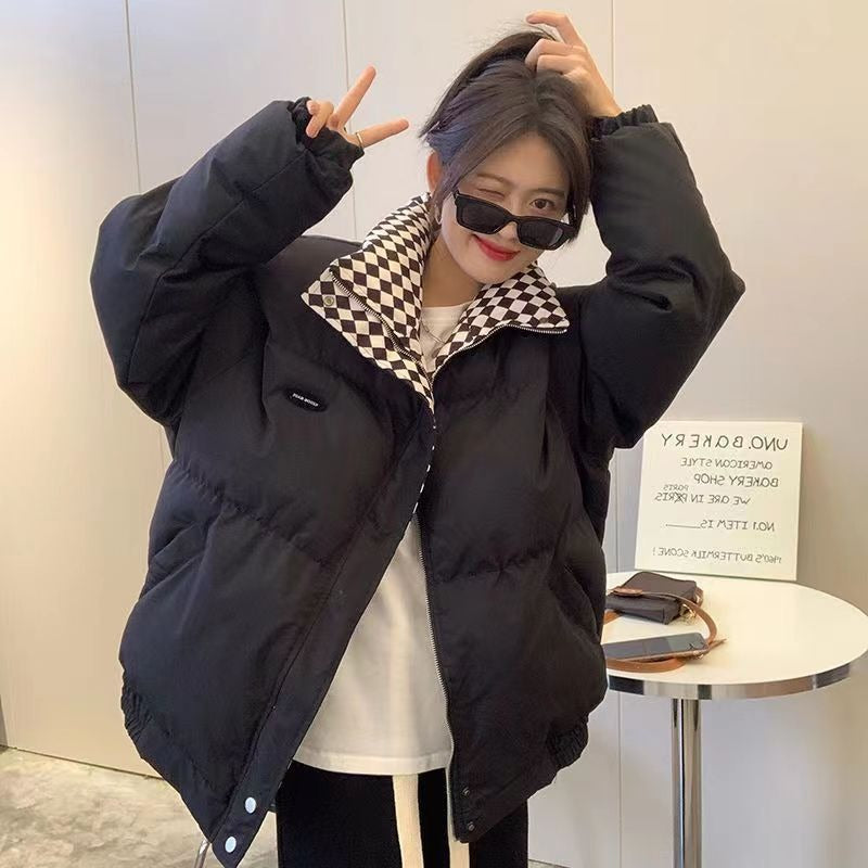 Harajuku Style Checkerboard Down Cotton Jacket for Women