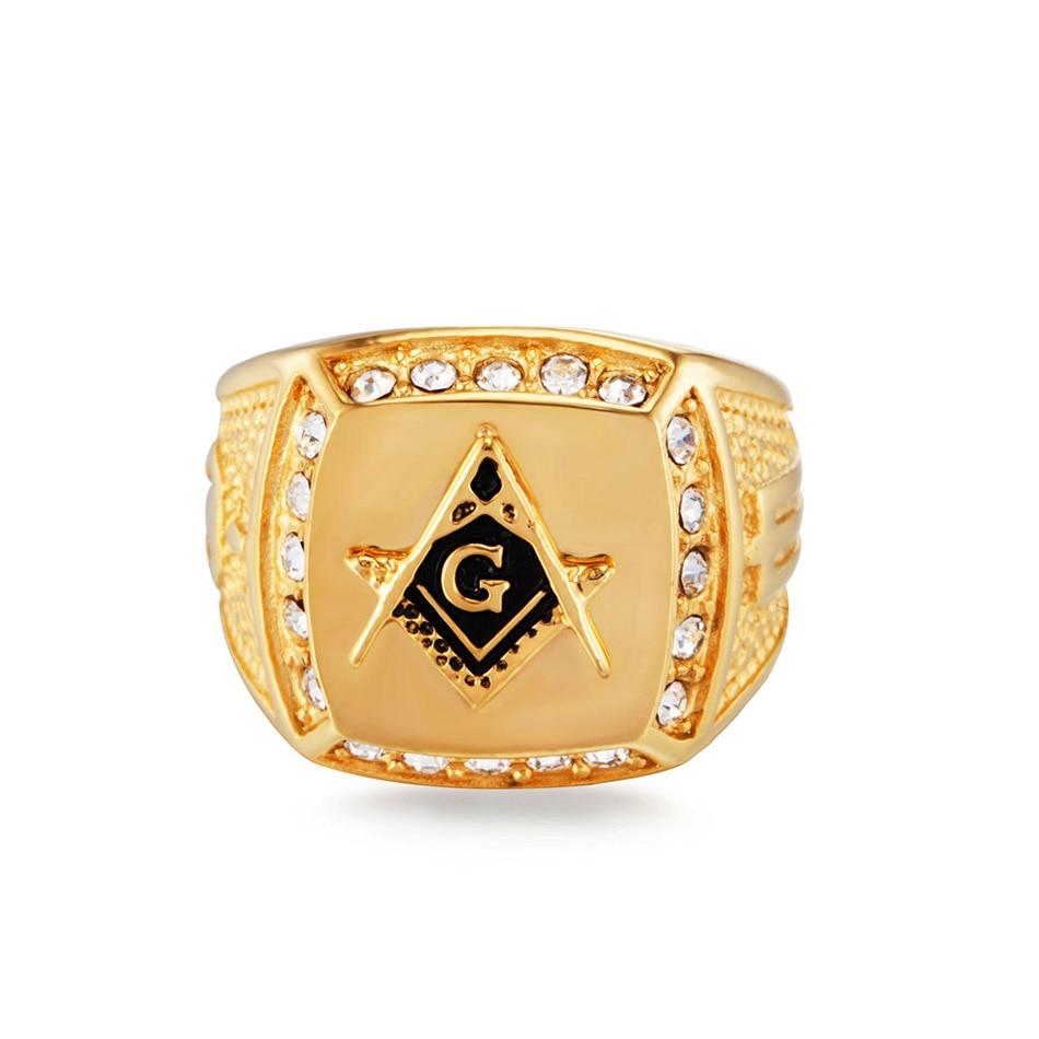 Vintage Masonic Gold Color Crystal Ring for Men