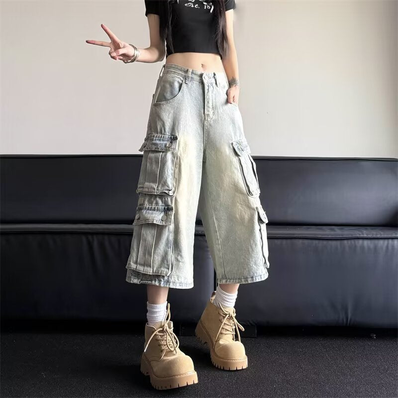 Retro Light Blue Multi Pocket Pants for Women