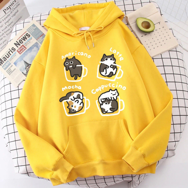 Cartoon Cat Cute Pattern Printed Hooded Sweatshirt Unisex Long Sleeve Casual Jacket Top