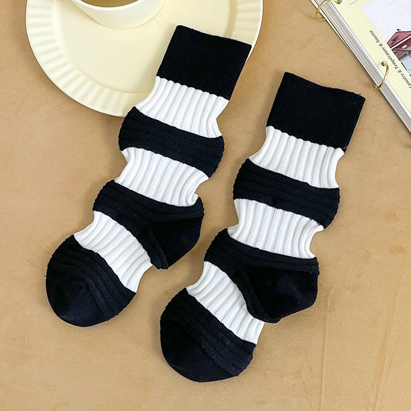 Harajuku Style Pleated Mid-Tube Socks - Contrast Color Cotton