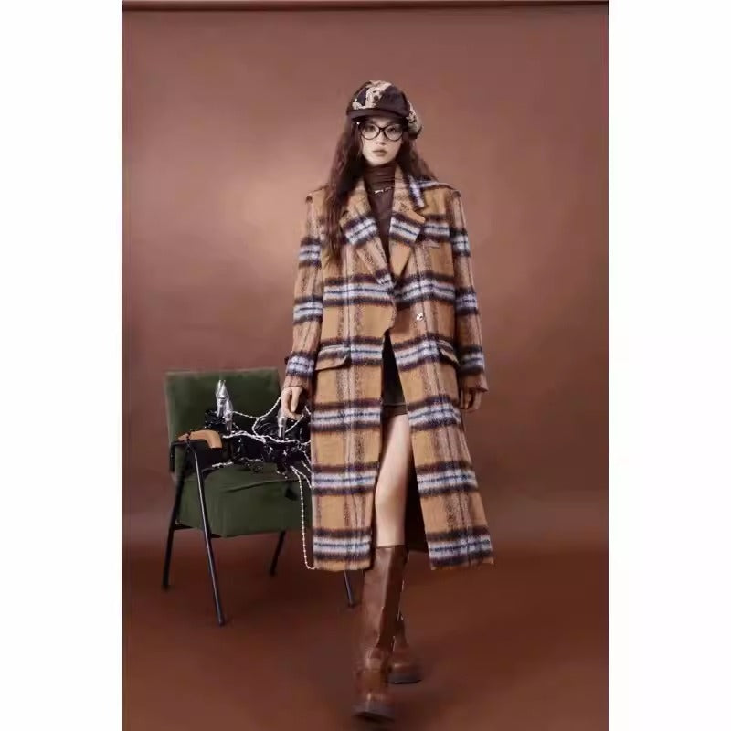 Playful Plaid Woolen Coat for Women - Harajuku Style