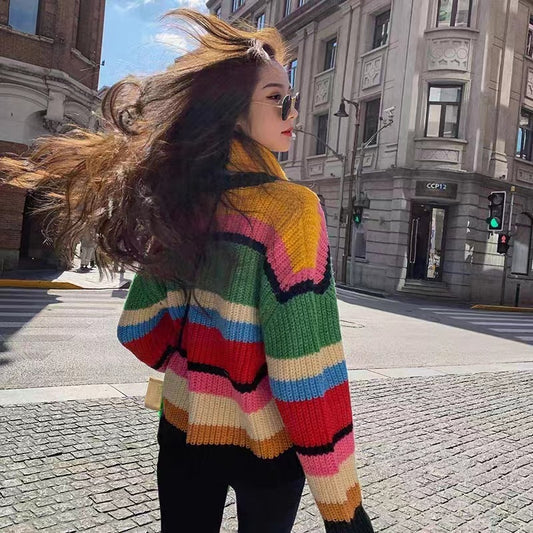Rainbow Knitted Sweater & Scarf - Harajuku Style