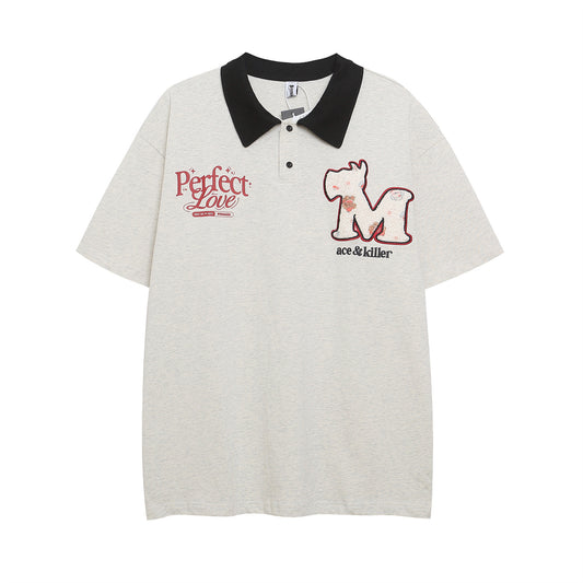 Retro Letter Embroidery Collar T-Shirt