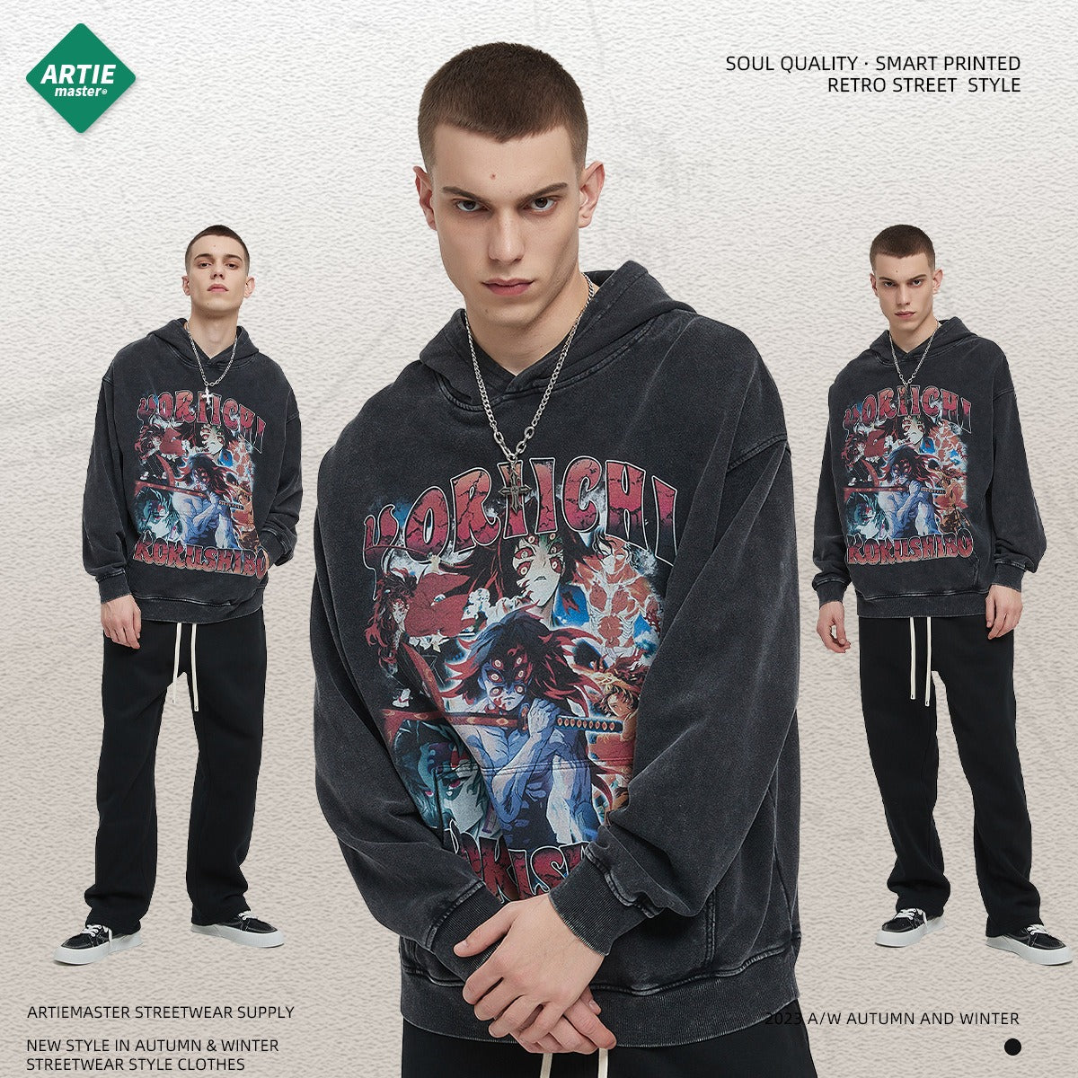 Retro Thin Hoodie with Distressed Wash and Snowflake Design