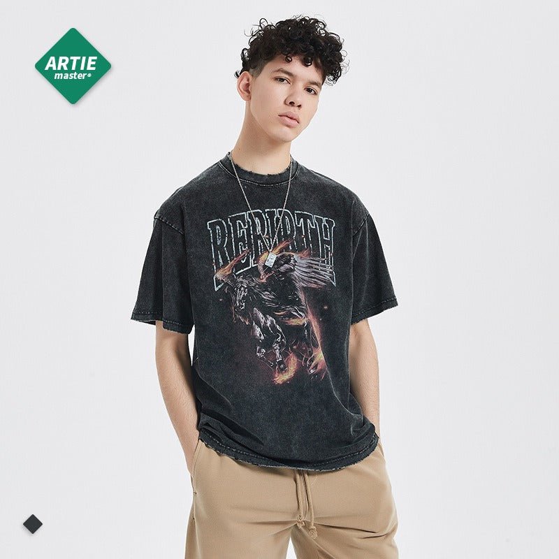 Firehorse Print Worn Out T-Shirt for Men - Harajuku Style
