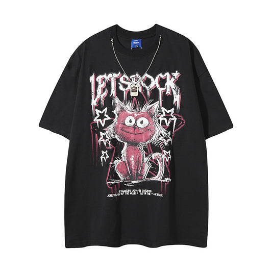 Playful Cartoon Cat Graffiti T-Shirt with Necklace