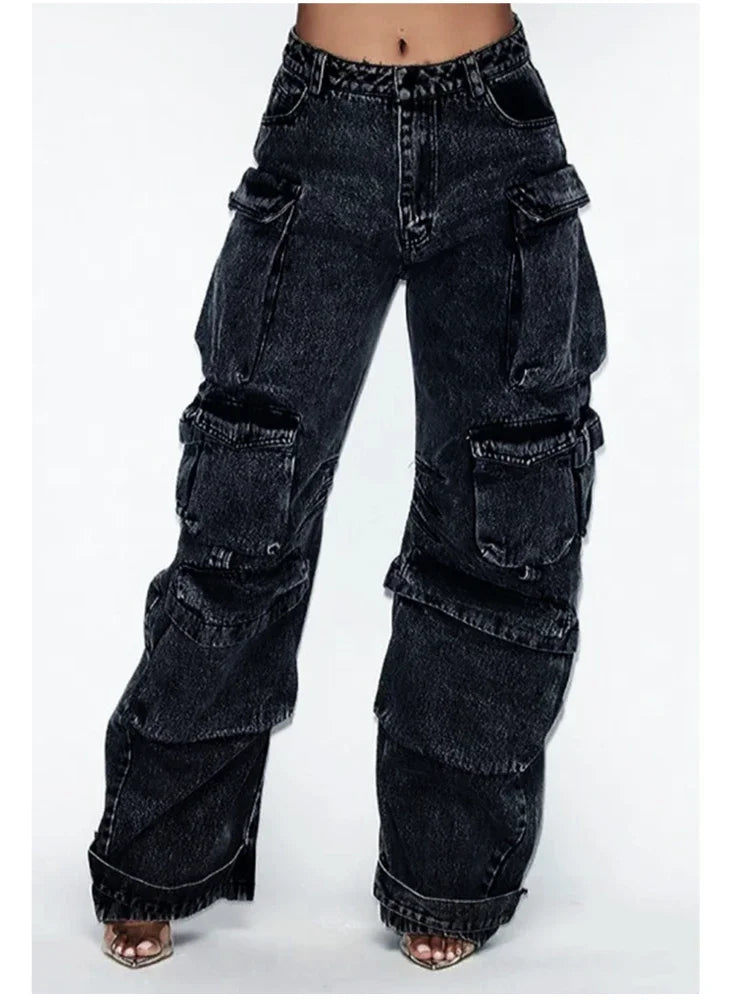 Harajuku Style Multi-Pocket Wide-Leg Jeans for Women