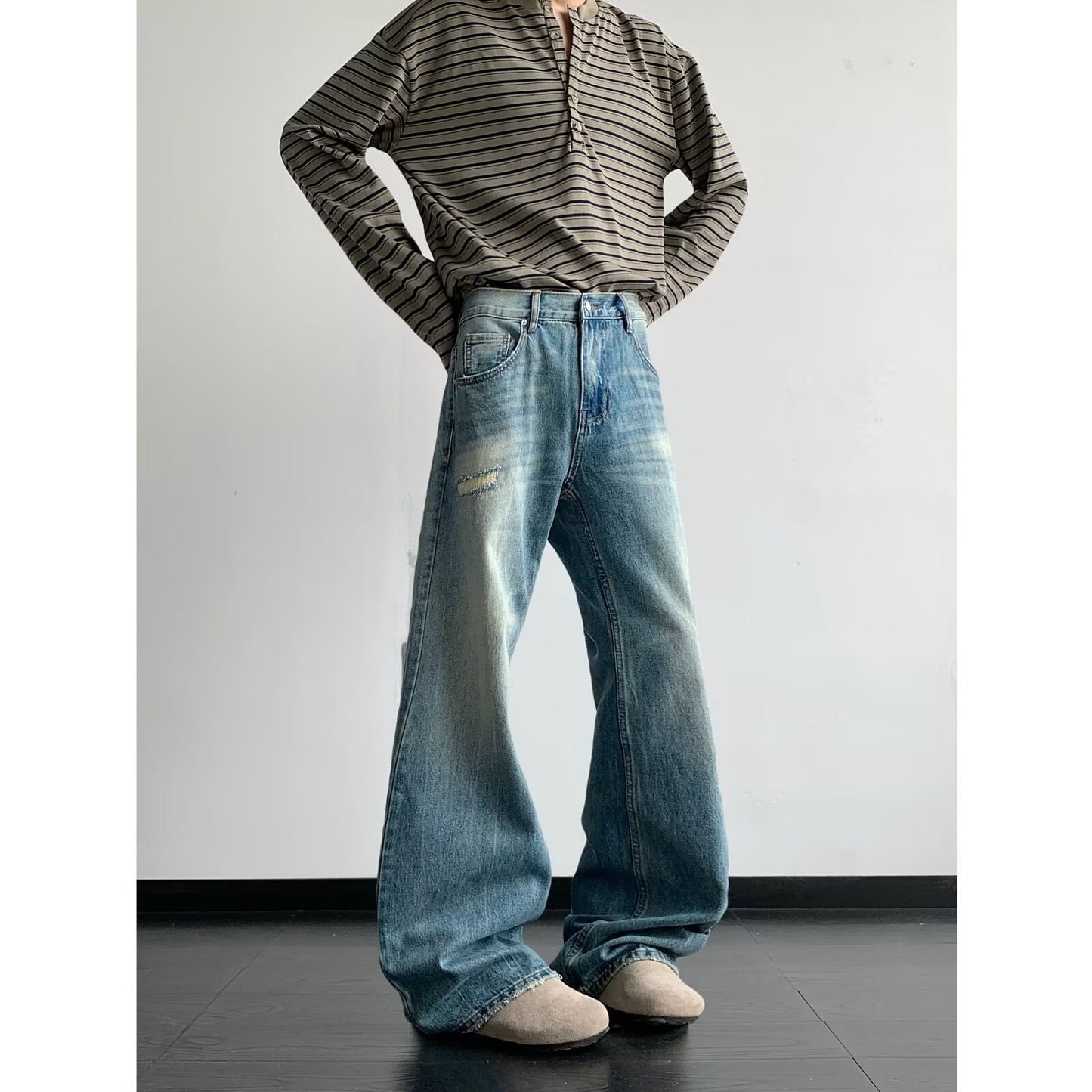Light Blue Wide Leg Cat Whisker Jeans for Men