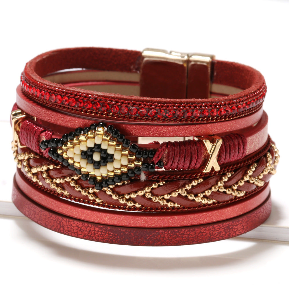 Bohemian Eye Bead Hand-Woven Leather Bracelet