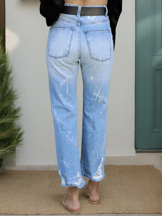 Playful Distressed Straight Jeans with Pockets
