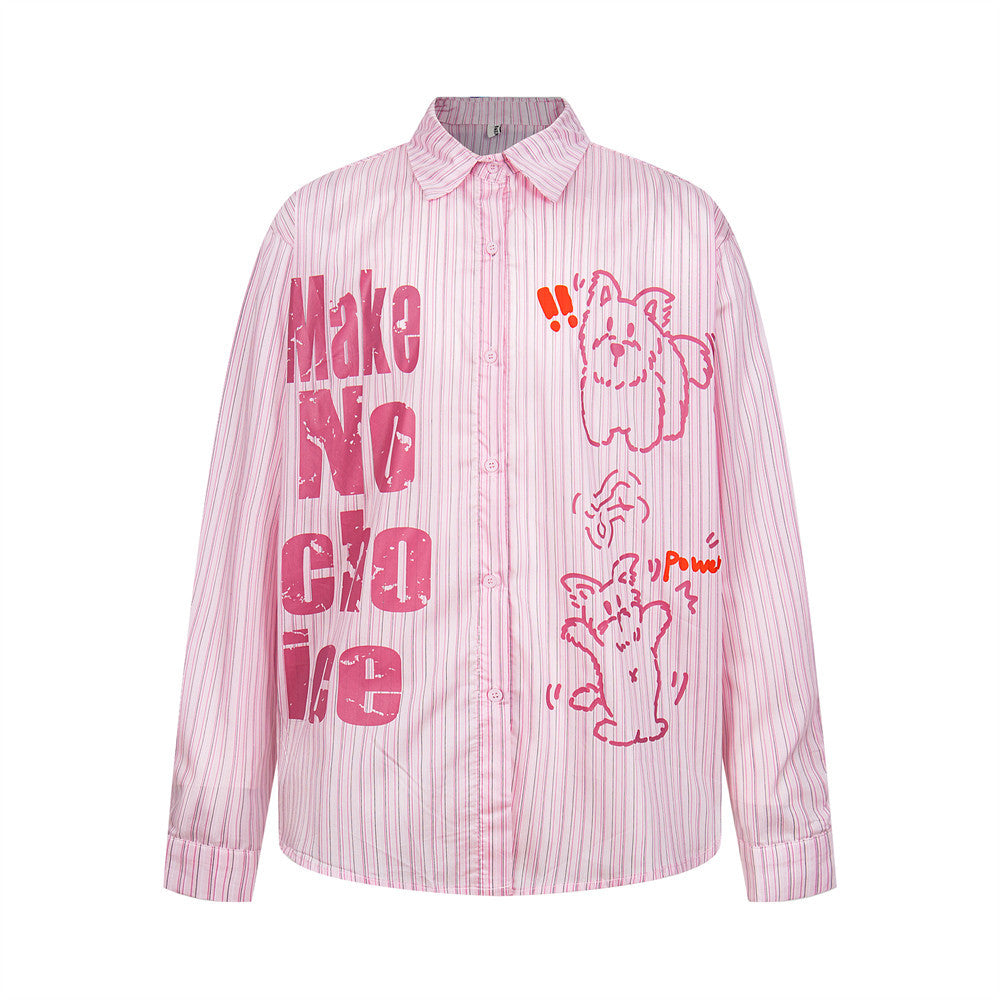 Cartoon Print Vertical Striped Long Sleeve Shirt