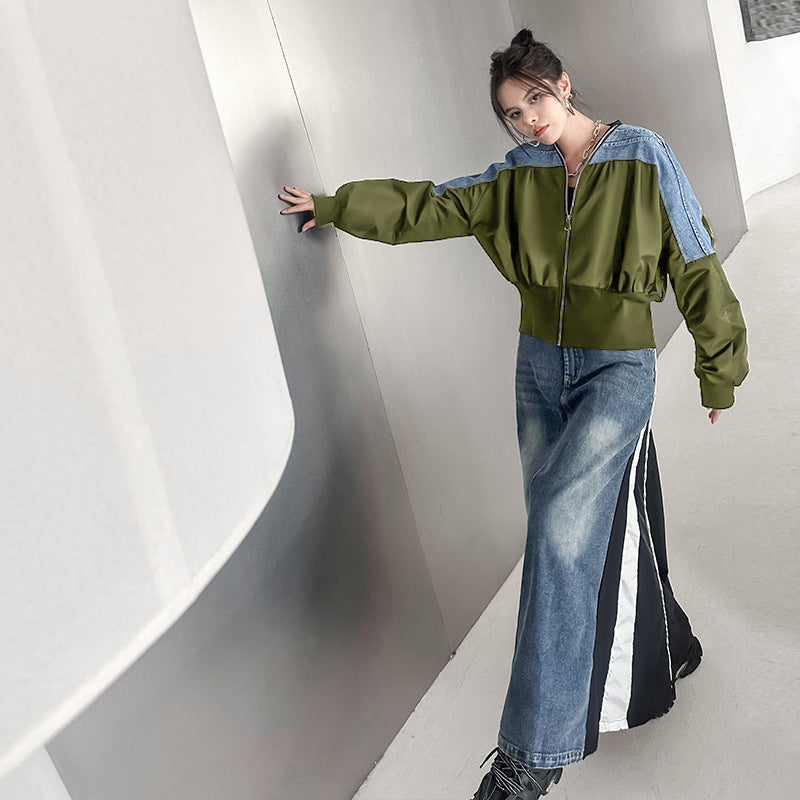 Harajuku Style Blue Denim Color-Block Jacket for Women