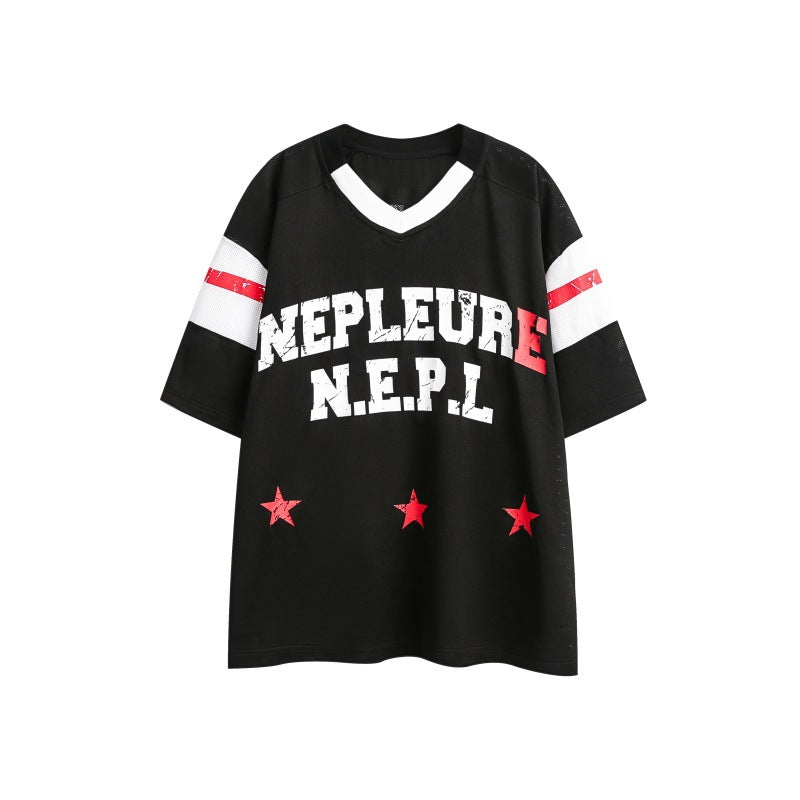 Harajuku Style Letter Distressed Print V-Neck Tee