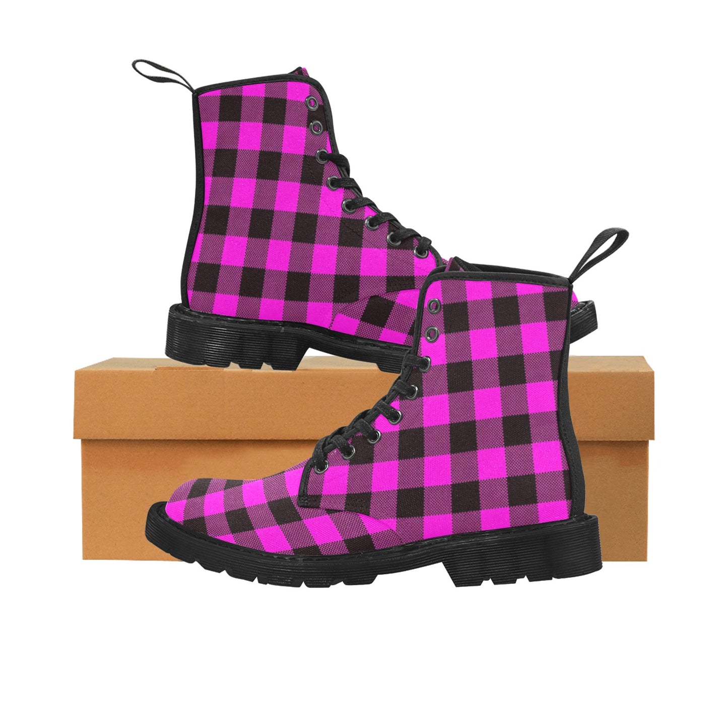 Pink and Black Plaid Women's Lace Up Canvas Boots