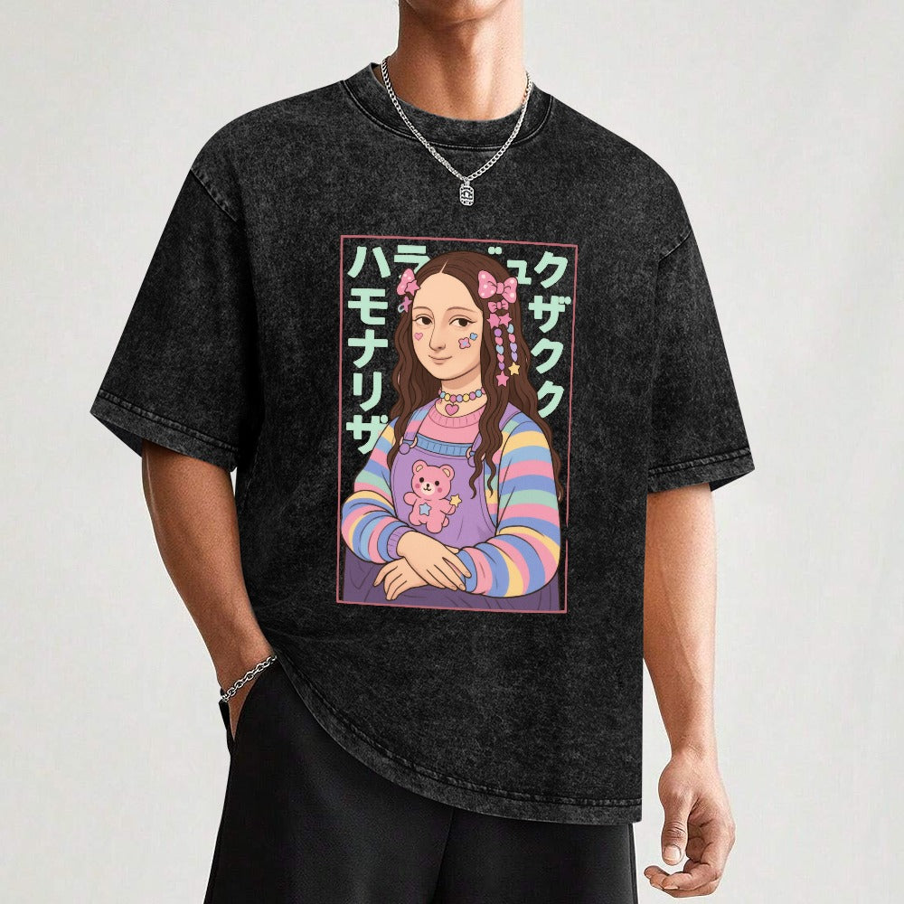 Harajuku Kawaii Mona Lisa Vintage Wash Off Shoulder Tee