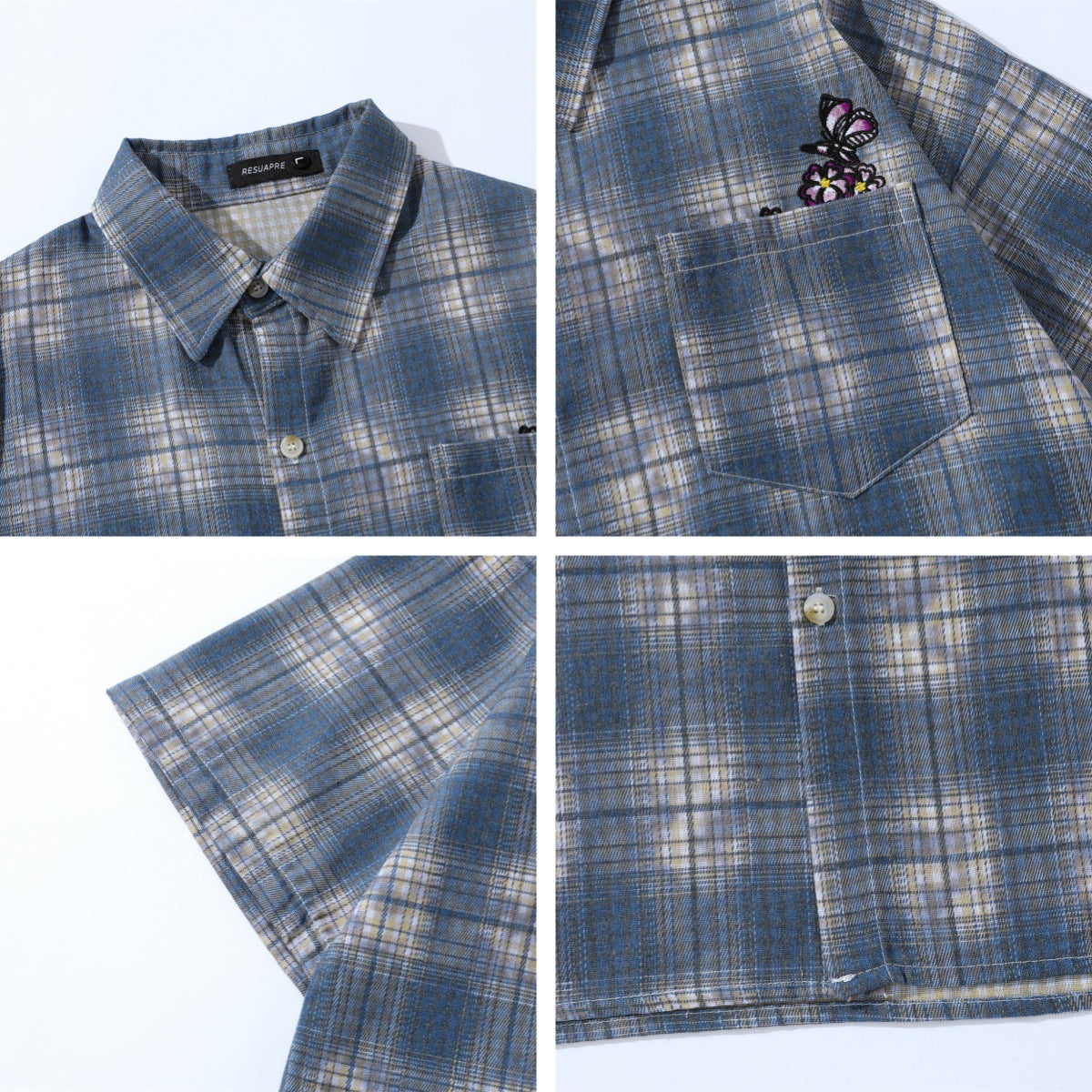 Retro Butterfly Embroidery Casual Plaid Shirt
