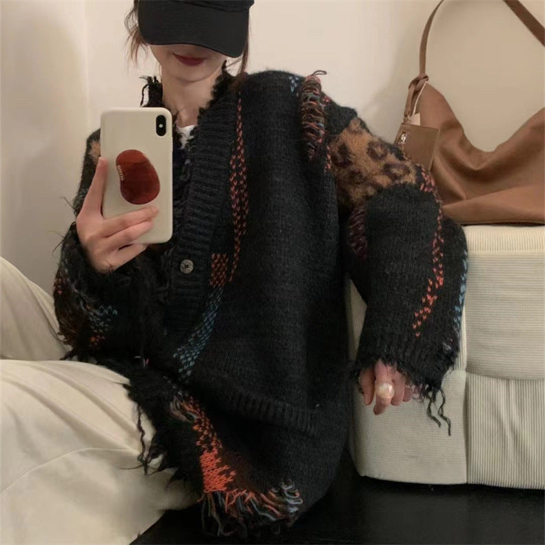 Retro Leopard Print Patchwork Cardigan Sweater
