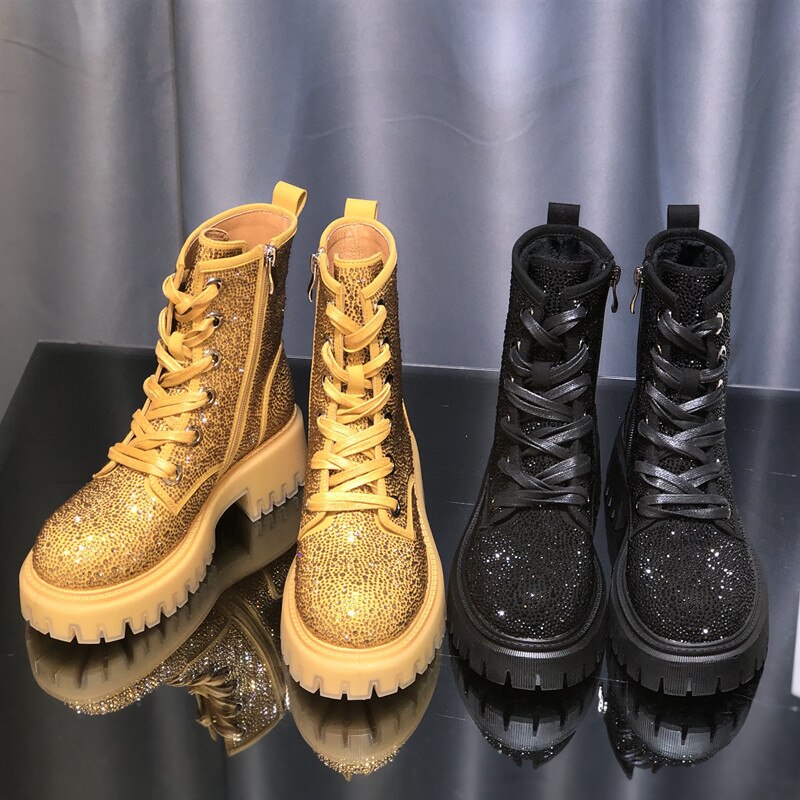 Gold Harajuku Style Rhinestone Boots - Thick Bottom Design