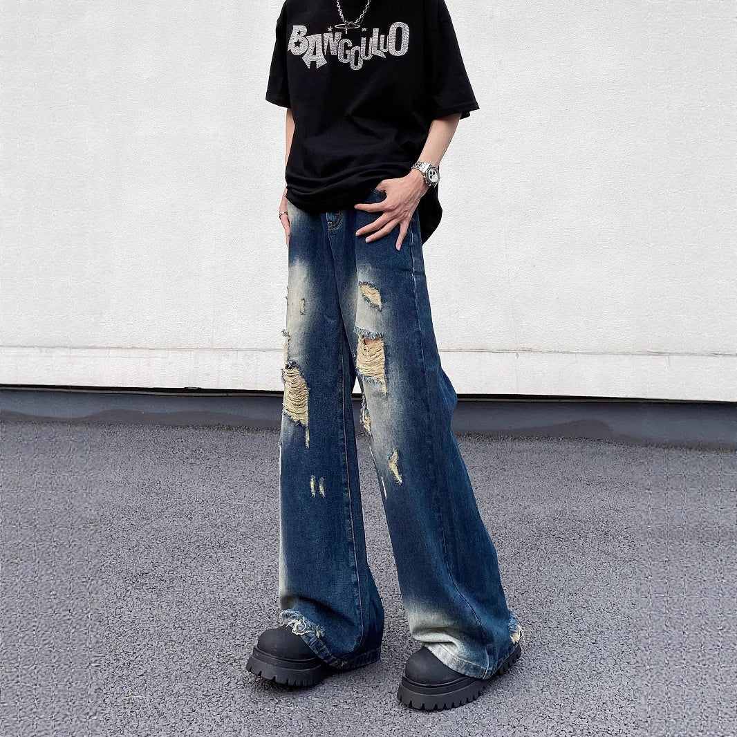 Ripped Blue Denim Loose Straight Pants - Harajuku Style