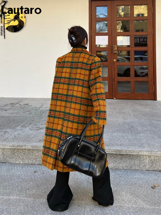 Playful Retro Colorful Plaid Woolen Trench Coat for Women