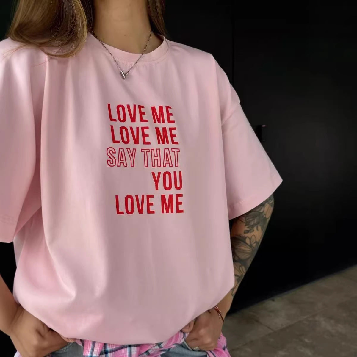 Harajuku Round Neck Short Sleeve T-Shirt for Women — Pink Cotton Loose Fit Harajuku Style