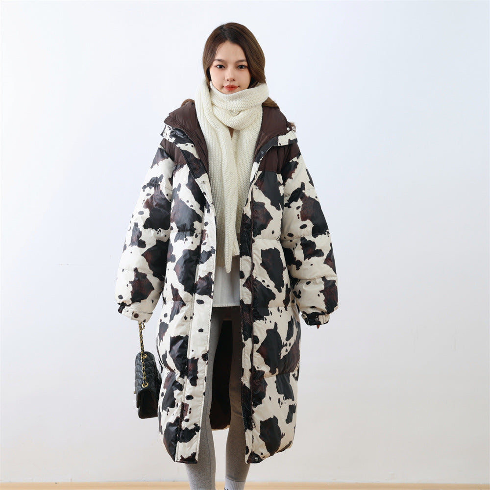 Harajuku Cow Print White Duck Down Coat for Women